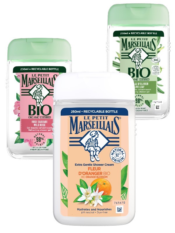 Organikus narancsvirág krémtusfürdő LE PETIT MARSEILLAIS 999 Ft/250 ml (3,99 Ft/1 ml), Bio tanúsított vadrózsa tusfürdő LE PETIT MARSEILLAIS 1499 Ft/250 ml (5,99 Ft/1 ml), Bio tanúsított olívalevél tusfürdő LE PETIT MARSEILLAIS 1499 Ft/250 ml (5,99 Ft/1 ml)