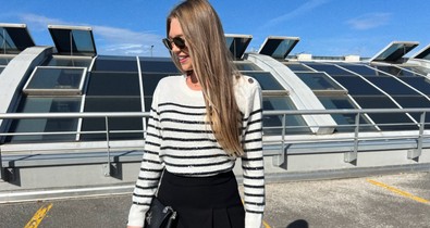 Balogh Eleni ezt az egyszerű szettet ezzel a mintás kiegészítővel dobta fel