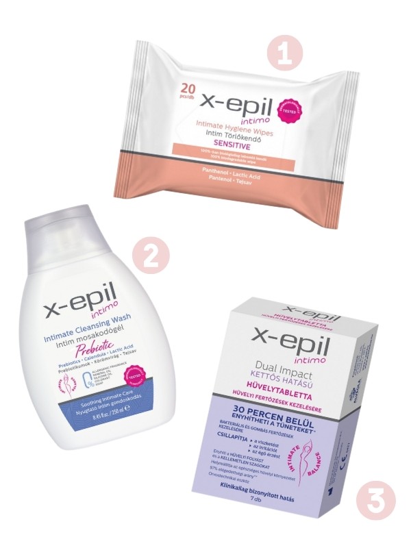 1. Sensitive intim törlőkendő X-EPIL 649 Ft/20 db 2. Intimo Prebiotic intim mosakodógél X-EPIL 1299 Ft/250 ml (5,19 Ft/1 ml) 3. Intimo Dual Impact hüvelytabletta X-EPIL 3999 Ft/7 db