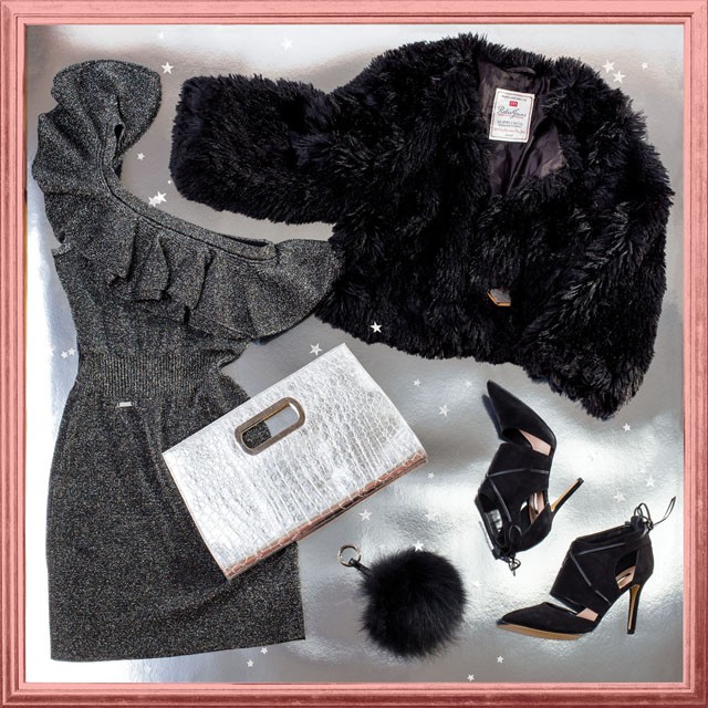 Fekete rövid bunda, Retro, 18 990 Ft helyett 9 495 Ft. Ezüstős félvállas ruha, Guess, 32 990 Ft helyett 20 990 Ft. Táska, Chantall, 8 790 Ft helyett 4 395 Ft. Cipő, Guess, 56 490 Ft helyett 36 490 Ft. Táskadísz (pom-pom), Bags & More, 9 990 Ft helyett 6 990 Ft.