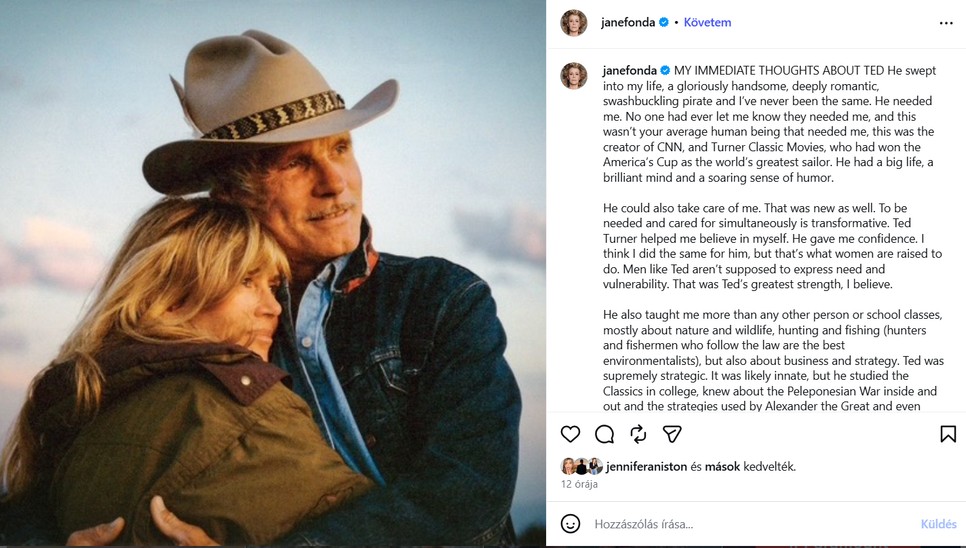 Jane Fonda nagyon hosszú és érzelmes Instagram posztban emlékezett meg volt férjéről