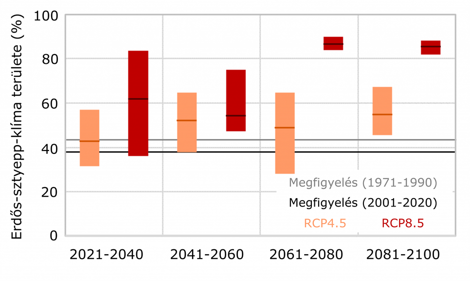 5. ábra: Az erdős-sztyepp számára ideális terület aránya a FAI alapján a 2021–2040, 2041–2060, 2061–2080 és 2081–2100 időszakokban az optimistább RCP4.5 és a pesszimista RCP8.5 forgatókönyvet figyelembe vevő klímaszimulációk alapján. Az értékek a húszéves átlagot mutatják, a múltbeli megfigyeléseket szürke (1971–1990), illetve fekete (2001–2020) vonal jelzi. Az oszlopokhoz tartozó sötétebb színű vonalak a szimulációk átlagát mutatják, míg az intervallumok a szimulációk bizonytalanságát jelzik a szélsőséges modelleredményeket már nem tartalmazva. A szerzők ábrája.