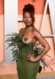 Megan Thee Stallion tavaly egy merész, smaragdzöld, tollakkal díszített Julian Mendez Couture ruhát öltött magára / Fotó: Northfoto