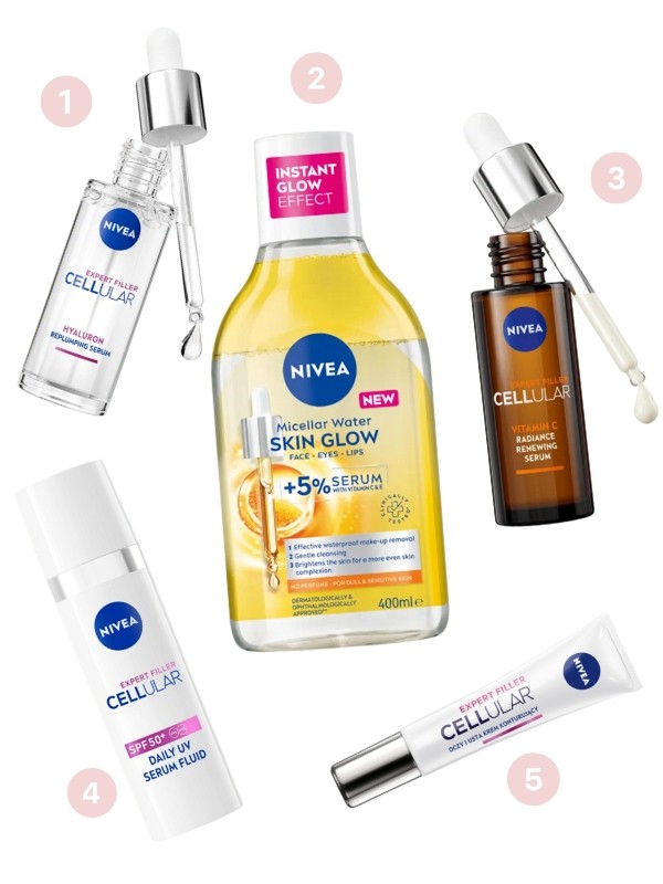 1. Cellular Expert Filler fialuronsavas feltöltő szérum NIVEA xx Ft/30 ml  2. Skin Glow micellás víz NIVEA xx Ft/400 ml (xx Ft/1 ml). 3. Cellular Expert Filler Vitamin C ragyogás fokozó szérum NIVEA xx Ft/30 ml 4. Cellular Expert SPF50+ UV szérum fluid NIVEA xx Ft/30 ml 5. Cellular Expert Filler szem- és ajakkontúr krém NIVEA xx Ft/15 ml