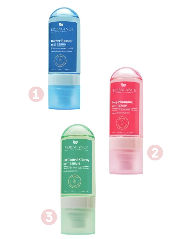 1. Hidratáló szérumpermet BIOBALANCE 4499 Ft/80 ml (56,23 Ft/1 ml) 2. Bőrfeltöltő szérumpermet BIOBALANCE 4499 Ft/80 ml (56,23 Ft/1 ml) 3. Faggyútermelést szabályozó szérumpermet BIOBALANCE 4499 Ft/80 ml (56,23 Ft/1 ml)