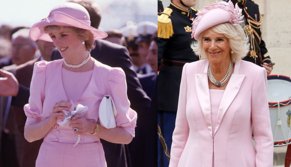 Diana az 1985-ös olaszországi körútján egy kalappal kiegészített cukorka-rózsaszín Catherine Walker kosztümöt viselt. Kamillát pedig a 2023-as franciaországi állami látogatása során kapták lencsevégre hasonló outfitben: mintha Diana összeállításából inspirálódott volna. 