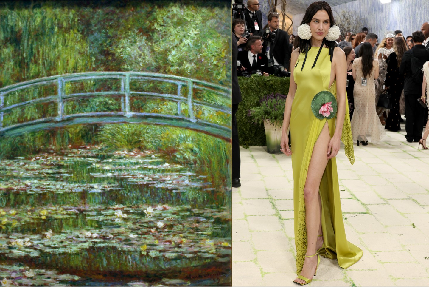 Alexa Chung Jonathan Anderson által tervezett, egyedi Dior ruhája Claude Monet, Tavirózsák sorozat (kb. 1897–1926) mintájára készült, a minimalizmus jegyében. A kreáció egyetlen virágzó liliom motívumára épült, amely egy folyékony, sárgászöld alapon terült el, Monet impresszionista látomását grafikusabbá alakítva. A ruhában megmaradt az eredeti műre jellemző lágyság és atmoszféra, amely tökéletesen át lett helyezve a mai korba.