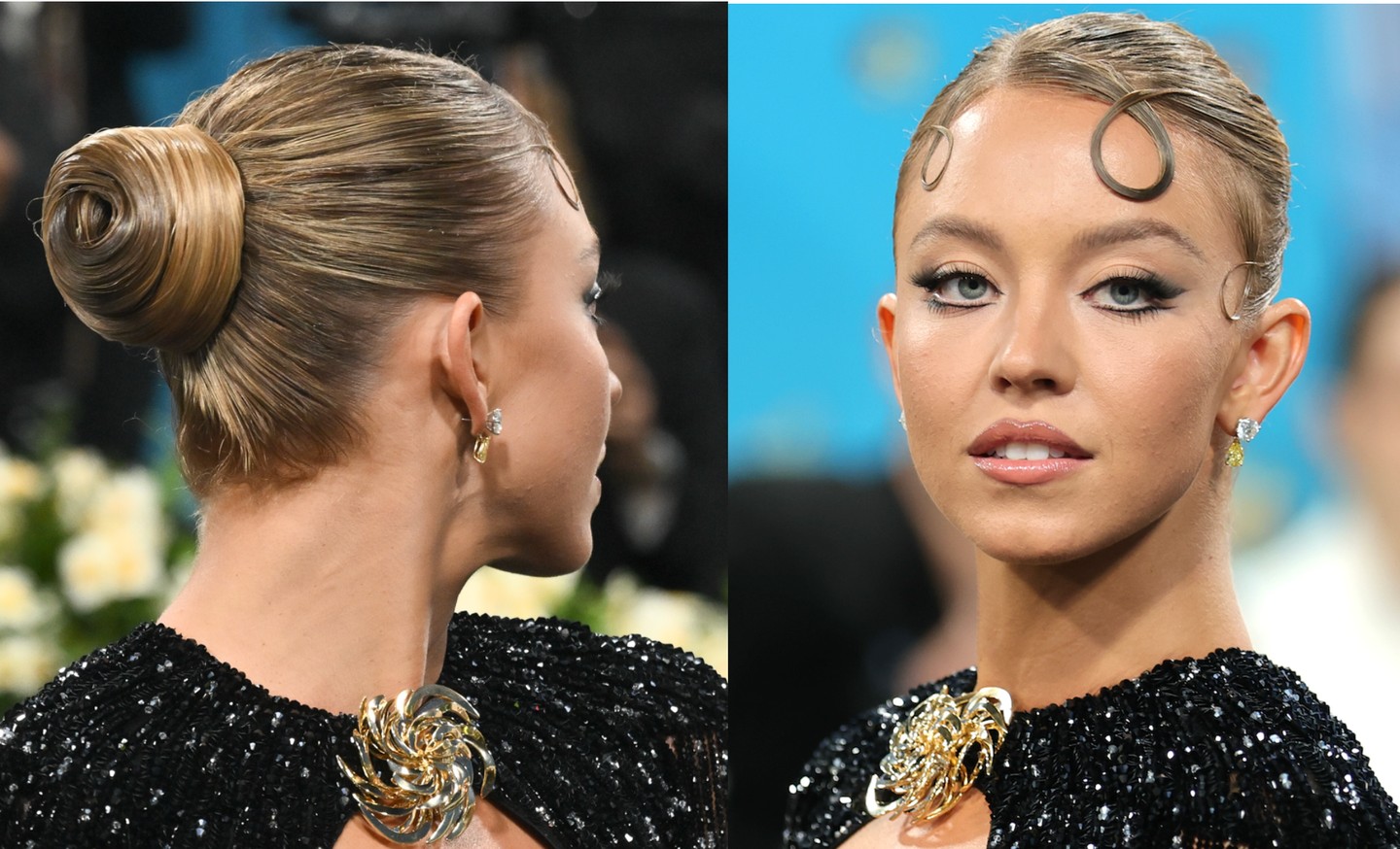 A smink merész, szemhangsúlyos, a balerinakonty letisztult, klasszikus egy kis csavarral. Mindehhez csillogó francia manikűrt viselt a színésznő.