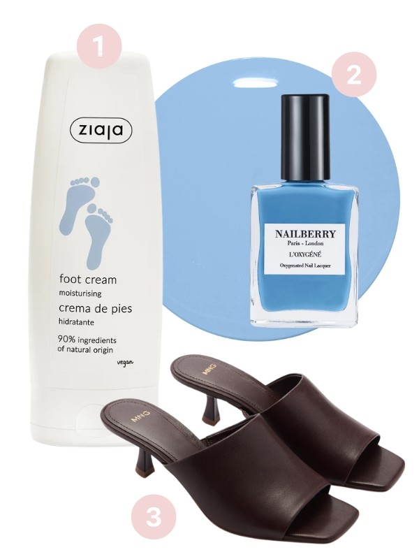 1. Lábápoló krém - hidratáló ZIAJA 1375 Ft/80 ml (17,19 Ft/1 ml) 2. Lélegző körömlakk (Mistral Breeze) NAILSBERRY 7990 Ft/15 ml 3. Kitten sarkú bőrszandál (csokoládé) MANGO 19 995 Ft