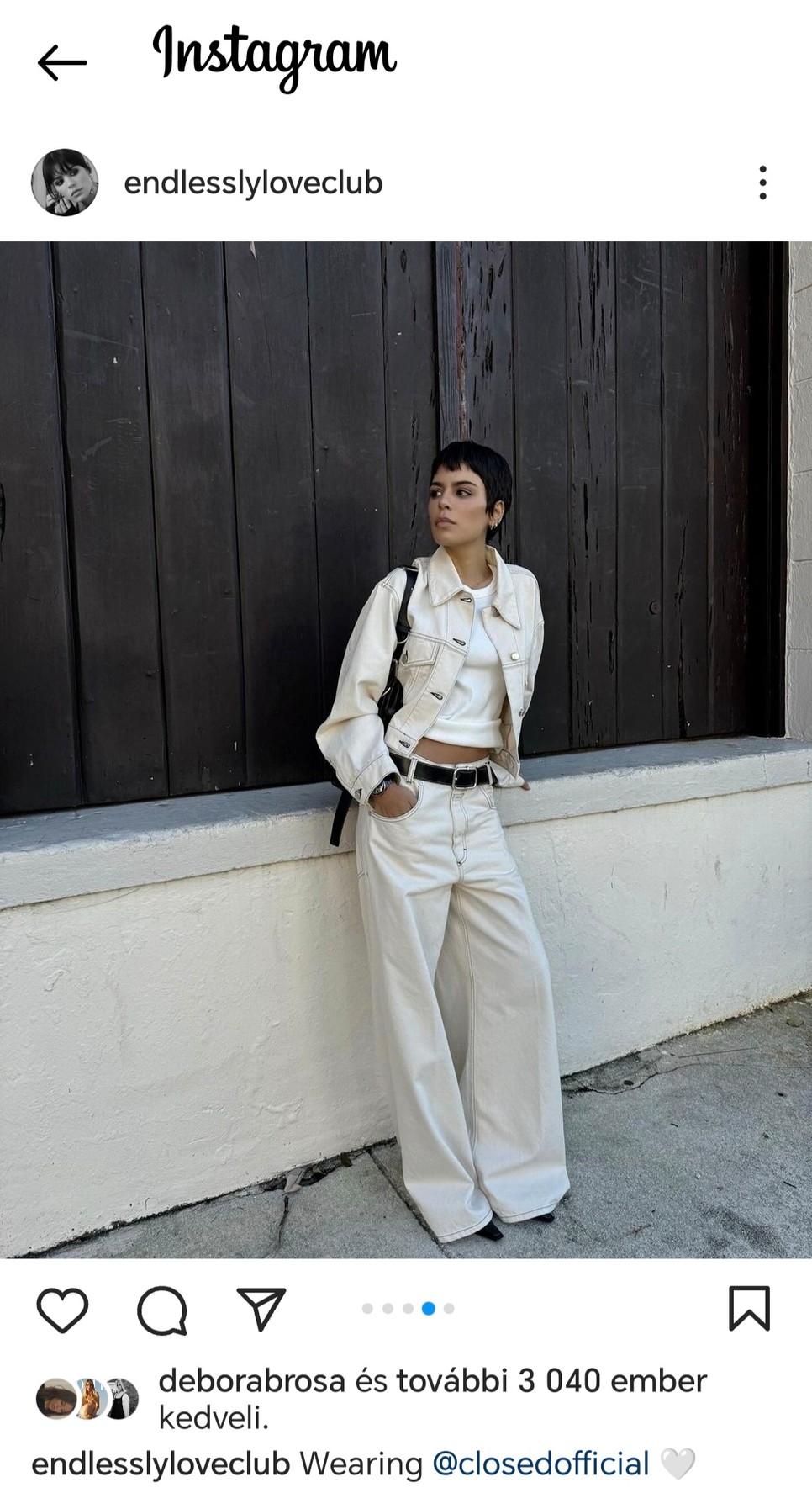 Jen Ceballos modell is egy egyszerű, de annál stílusosabb szerelésbe építette be a fehér farmert