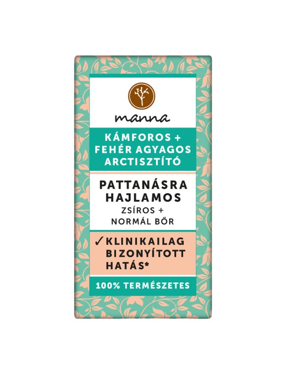 Kámforos, fehér agyagos arctisztító MANNA 2690 Ft/90 g matt hatásúvá varázsolja a bőrt, akár már az első használat után látható változást eredményez - vegán, állatkísérlet-mentes, újrahasznosított csomagolás, mikroműanyag-mentes, natúrkozmetikum