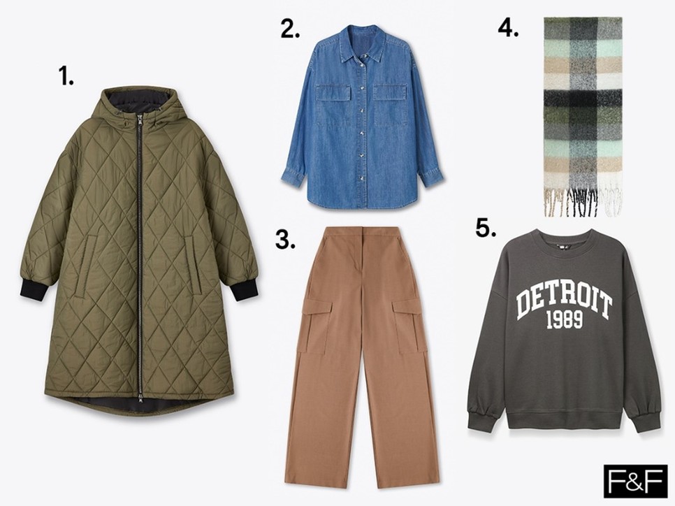 1.Steppelt oversize kabát, 2.Farmering, 11 490 Ft 3.Magasderekú cargo nadrág, 11 490 Ft 4.Sál, 5990 Ft 5.Pulóver, 8190 Ft