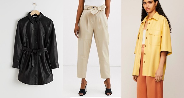 Bőr ingruha & OTHER STORIES 349 euró, bőrnadrág ASOS 166 euró, vegán bőr ing NANUSHKA 118 390 Ft