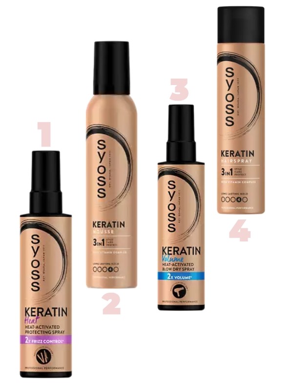 1. Intenzív Keratin hővédő spray SYOSS - ár - 2. Intenzív Keratin 3 az 1-ben hajhab SYOSS - ár - 3. Intenzív Keratin volumennövelő spray SYOSS - ár - 4. Intenzív Keratin 3 az 1-ben hajlakk SYOSS - ár -