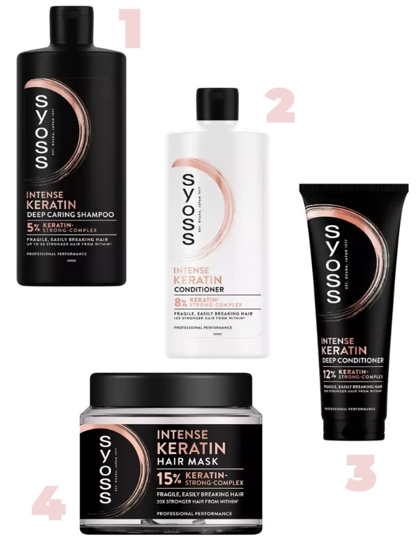 1. Intense Keratin mélyápoló sampon SYOSS 2. Intense Keratin hajbalzsam SYOSS 3. Intense Keratin mélykondicionáló hajbalzsam SYOSS 4. Intense Keratin hajmaszk SYOSS