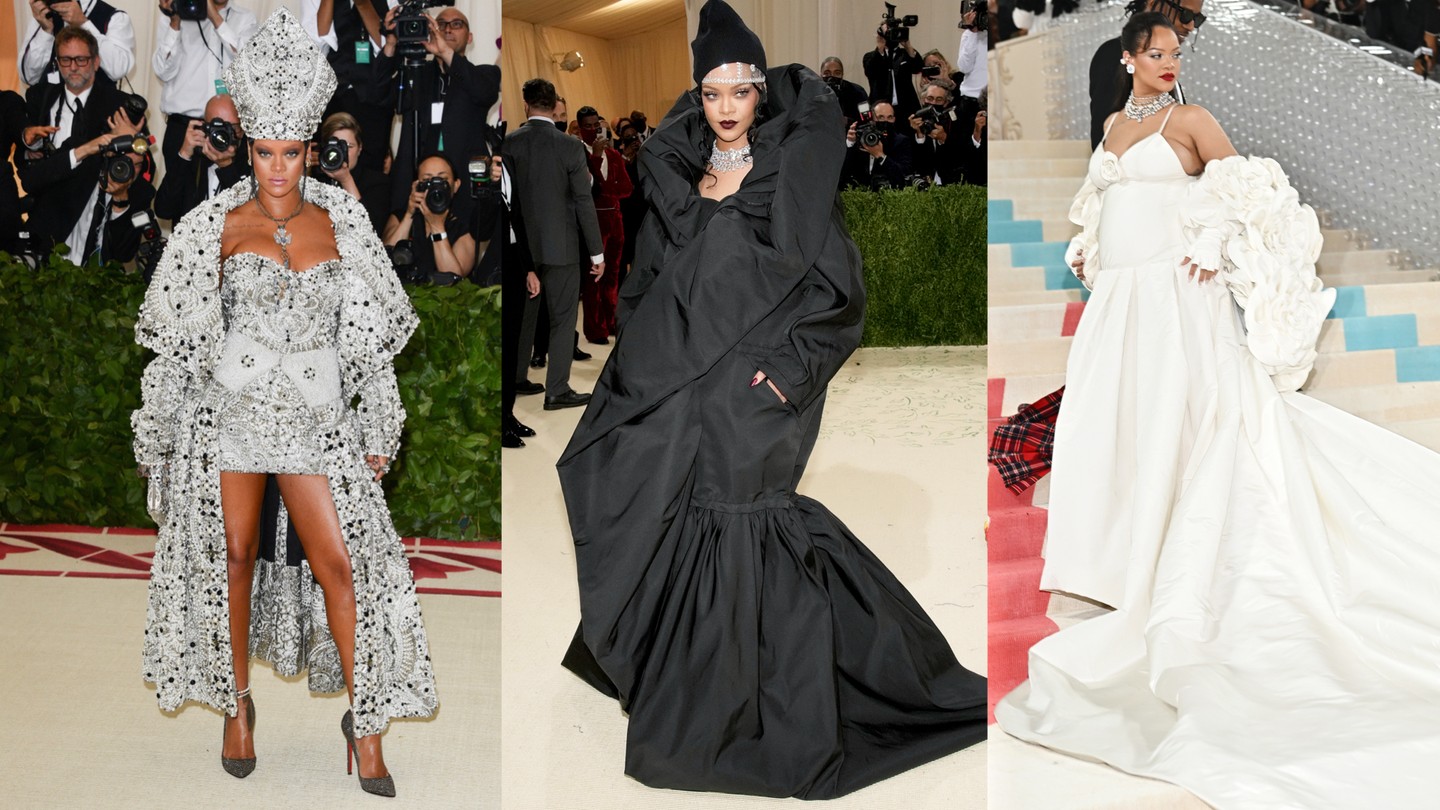Idén egyelőre csak találgatni tudjuk, mit tartogat Rihanna a 2025-ös Met-gálára, persze még a megjelenése is kérdéses. (Balról jobbra) 2018 John Galliano szett, 2021 Balenciaga Haute Couture by Demna Gvasalia kabát, 2023 Valentino ruha