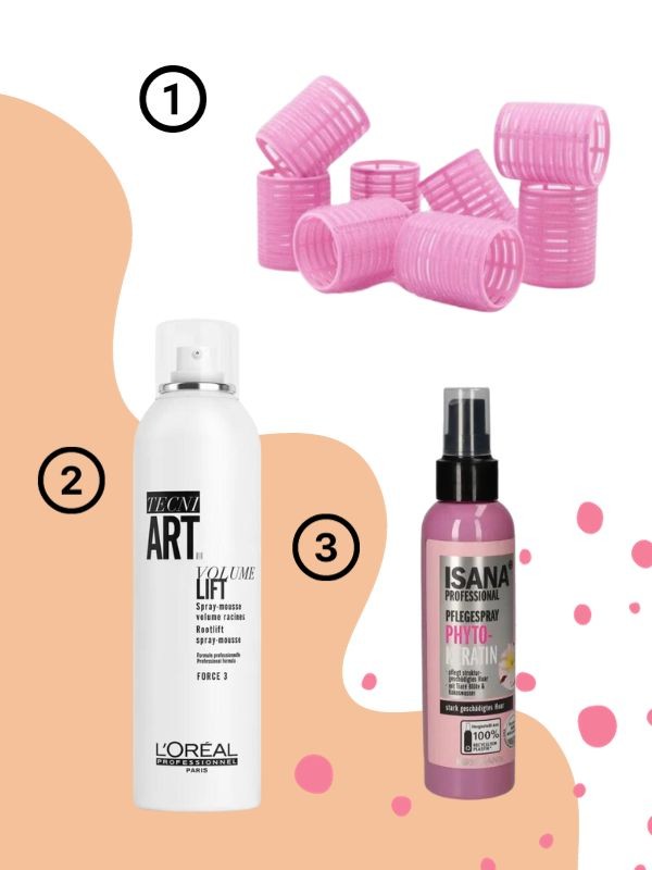 1. 8 Darabos Hajcsavaró (rózsaszín) SINSAY 1395 Ft 2. Tecni.Art Volume Lift dúsító hajhab L'OREAL 6540 Ft/ 250 ml (26,10 Ft/ 1 ml)  3. Hair Professional Hajápoló Spray Phyto-keratinnal ISANA 1199 Ft/ 150 ml (7,9 Ft/ 1 ml)