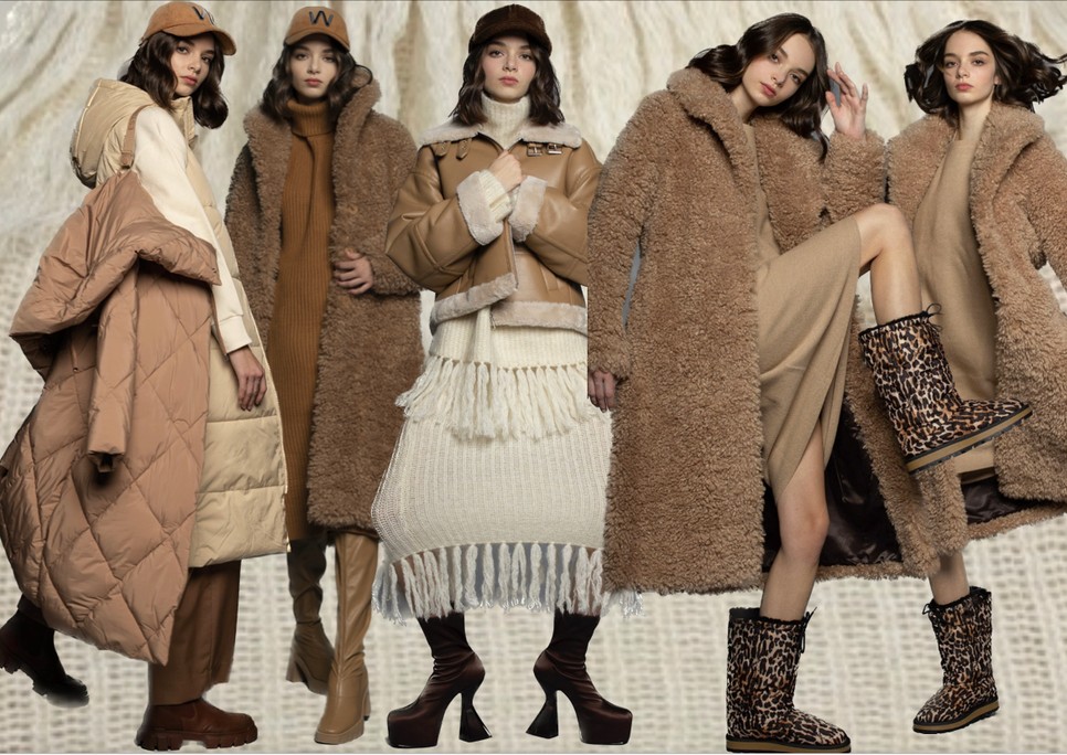 Balról jobbra: 1. Steppelt kabát, mellény és pulóver C&A, Nadrág COS, Sapka WEEKEND MAXMARA, Bakancs HÖGL 2. Műszőrme bunda MANGO, Ruha C&A, Sapka WEEKEND MAXMARA, Csizma HÖGL3. Irha dzseki RESERVED Rojtos pulóver, szoknya és bokacsizma H&M, Sapka C&A 4. Bunda és kötött ruha MANGO, Hótaposó HÖGL