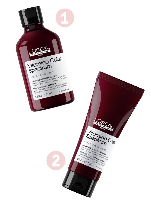1. Vitamino Color Spectrum sampon L'ORÉAL PROFESSIONNEL 12 370 Ft/300 ml (41,23 Ft/1 ml) 2. Vitamino Color Spectrum balzsam L'ORÉAL PROFESSIONNEL 12 370 Ft/200 ml (61,85 Ft/1 ml)