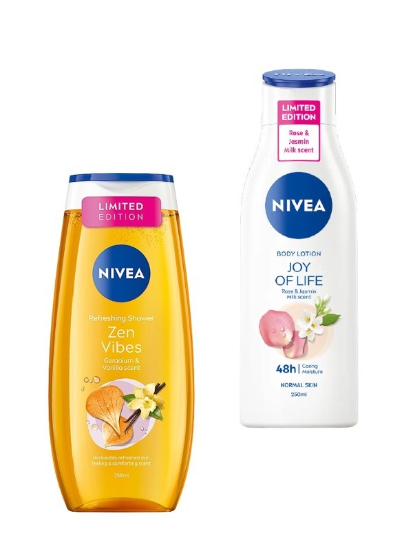 Zen Vibes tusfürdő NIVEA 1319 Ft/250 ml (5,27 Ft/1 ml), Joy Of Life testápoló NIVEA 2069 Ft/250 ml (8,27 Ft/1 ml)