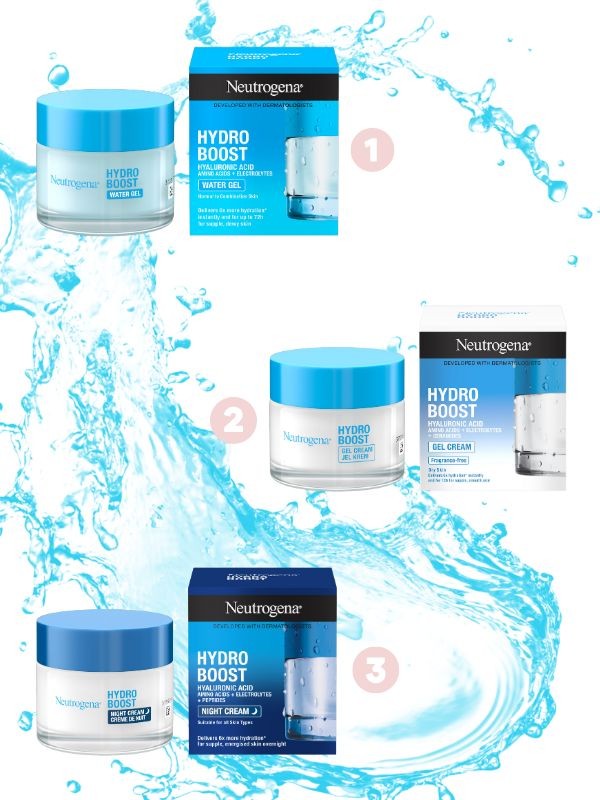 1. Hydro Boost hidratáló gél NEUTROGENA 3999 Ft/50 ml (79,98 Ft/1 ml) 2. Hydro Boost gél krém NEUTROGENA 3999 Ft/50 ml (79,98 Ft/1 ml) 3. Hydro Boost éjszakai krém NEUTROGENA 4199 Ft/50 ml (83,98 Ft/1 ml)