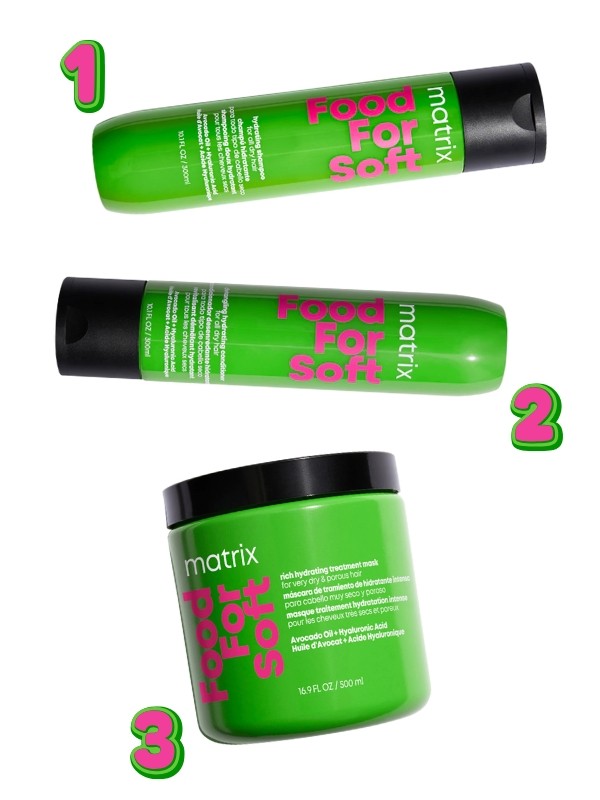 1. Food For Soft hidratáló sampon MATRIX 8090 Ft/300 ml (26,96 Ft/1 ml) 2. Food For Soft hidratáló kondicionáló MATRIX 5800 Ft/300 ml (19,33 Ft/1 ml) 3. Food For Soft intenzív hidratáló hajmaszk MATRIX 15 550 Ft/500 ml (31,1 Ft/1 ml) - notino.hu