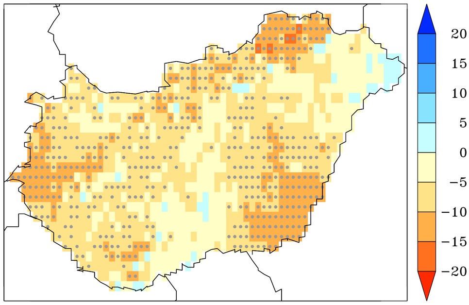 1. ábra: Az utolsó tavaszi fagy átlagos napjának változása 1971-1990-ről 2001-2020-ra az Országos Meteorológiai Szolgálat megfigyelései szerint [nap]. Szürke pöttyözés jelöli a statisztikailag szignifikánsan változó területeket. A szerzők ábrája.