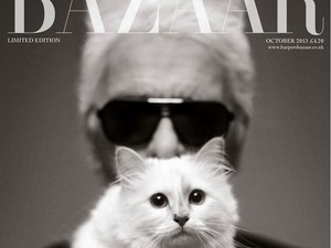 Karl Lagerfeldd Choupette cicájával a Harper´s Bazaar címlapján