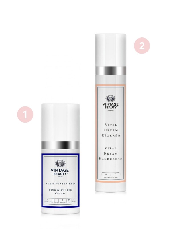 1. Wind & Winter krém VINTAGE BEAUTY 12 000 Ft/50 ml (240 Ft/1 ml) 2. Vital Dream kézkrém VINTAGE BEAUTY 5950 Ft/30 ml