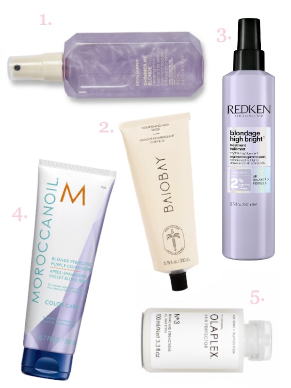 1. SHIMMER.ME BLONDE helyreállító fényspray szőke és ősz hajra KEVIN.MURPHY 8799 Ft/100ml, 2. Tápláló kókuszos hajpakolás BAIOBAY neilacare.hu, 3. Blondage High Bright hajmosás előtti kezelés REDKEN 10 490 Ft/250 ml, 4. Blonde Perfecting kondicionáló MOROCCANOIL 7990 Ft/200 ml, 5. No. 3 hajkötés sokszorozó kezelés OLAPLEX 9200 Ft/100 ml