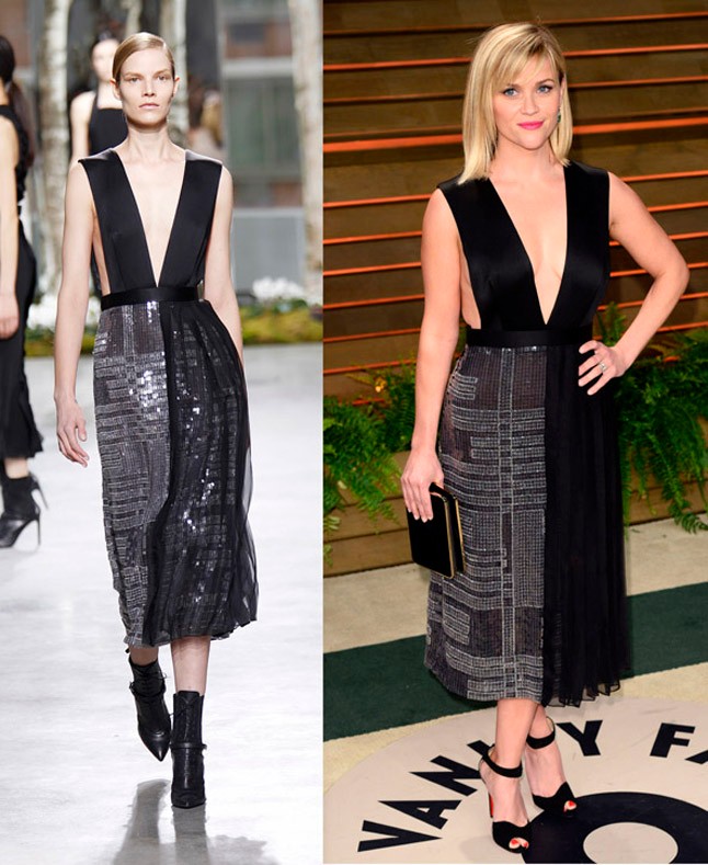 Reese Witherspoon türelmetlen volt, ezért a következő ősz-téli szezonból ezt a Hugo Boss ruhát már most kikapta magának: merész, de elegáns.