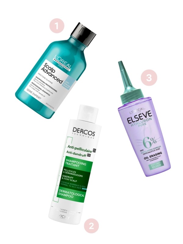 1. Scalp Advanced sampon L'ORÉAL PROFESSIONNEL 9350 Ft/300 ml (31,16 Ft/1 ml) 2. Dercos Anti Dandruff sampon VICHY 7310 Ft/200 ml (36,55 Ft/1 ml) 3. Hyaluron Pure szérum L'ORÉAL PARIS 2299 Ft/102 ml (22,53 Ft/1 ml)
