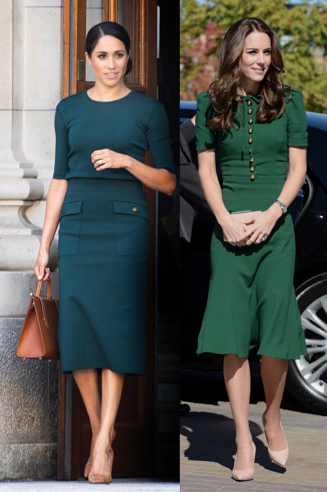 Meghan Markle első hivatalos útját má Sussex hercegnőjeként tette Írországban, ahol egy zöld Givenchy felsőt és szoknyát párosított. Katalin a '40-es évek stílusára szabott zöld Dolce & Gabbana ruhát viselt egy hivatalos turné során, ami jóval konszolidáltabb hatást keltett.