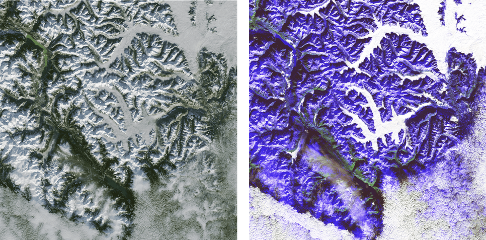 A NASA alábbi műholdfelvételein a bal oldali képen a természetes színekkel, jobb oldalon hamisszínes képek esetén látható a vancouveri völgyekben kialakult vízfelhő textúrája.