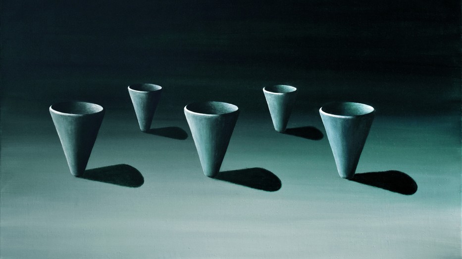 Erdész Erika: Tölcsérek (2022), olaj, vászon, 70 × 100 cm. A mű a MissionArt Galéria A látható határán című kiállításán látható a Budapest Contemporary képzőművészeti vásáron, ahol négy kortárs alkotó munkáin keresztül kerül fókuszba a látható valóság és a belső tapasztalat kapcsolata. Fotó: MissionArt Galéria