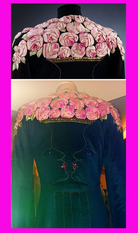 Még egy Cocteau tervezte művészi dísz 1937-ből: a sötétzöld kabát hátán két egymással szembeforduló portré látható, amelyek vázát formáznak, a vázából rózsacsokor emelkedik ki. A dús rózsarátétek beborítják a vállrészt.