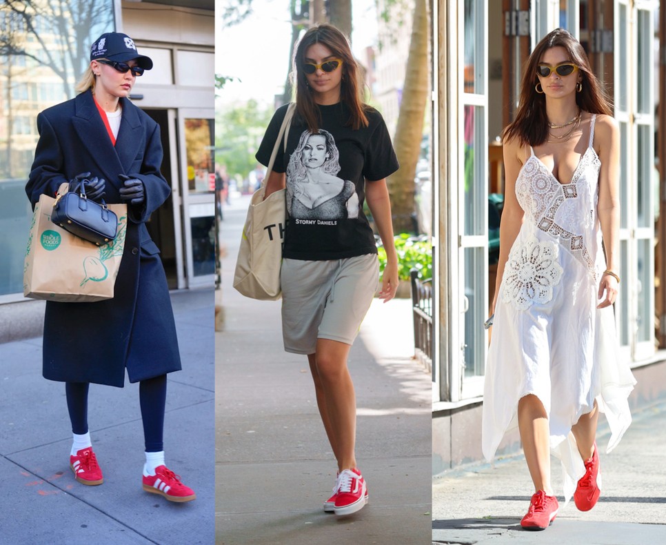 Emily Ratajkowski már több szezonnal ezelőtt elkzedte a piros tornacipő népszerüsítését, mig Gigi Hadid a múlt évben jelent meg egy vibráló Adidas cipőben