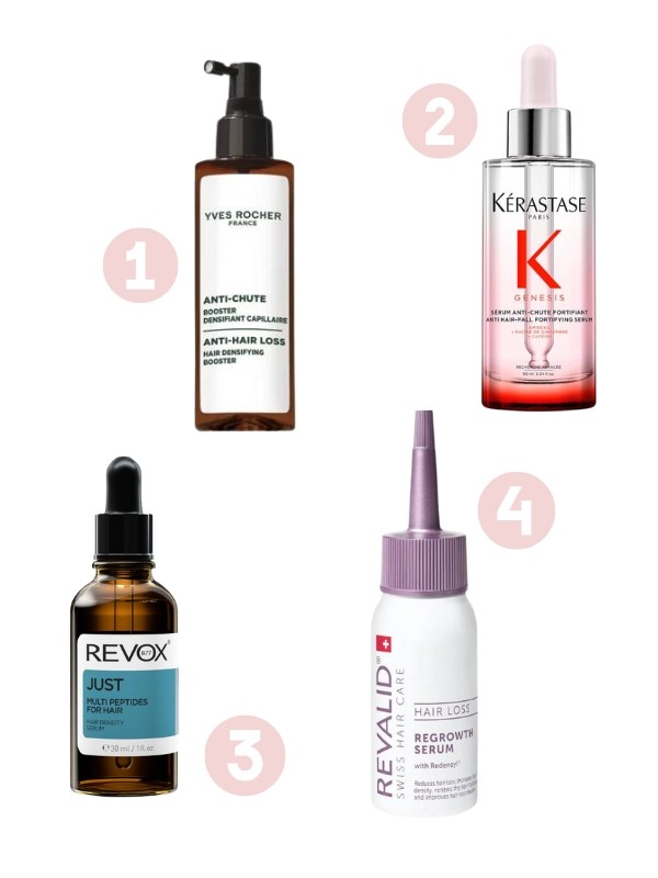 1. Hajhullás csökkentő, hajdúsító kezelés YVES ROCHER 9990 Ft/195 ml (51,23 Ft/1 ml) 2. Genesis szérum KERASTASE 20 490 Ft/90 ml (227,67 Ft/1 ml) 3. Just Multi Peptid Szérum Hajra és Fejbőrre REVOX B77 3499Ft/30ml (116, 63 Ft/1 ml) 4. Regrowth szérum REVALID 14 499 Ft/50ml  (290 Ft/1 ml)