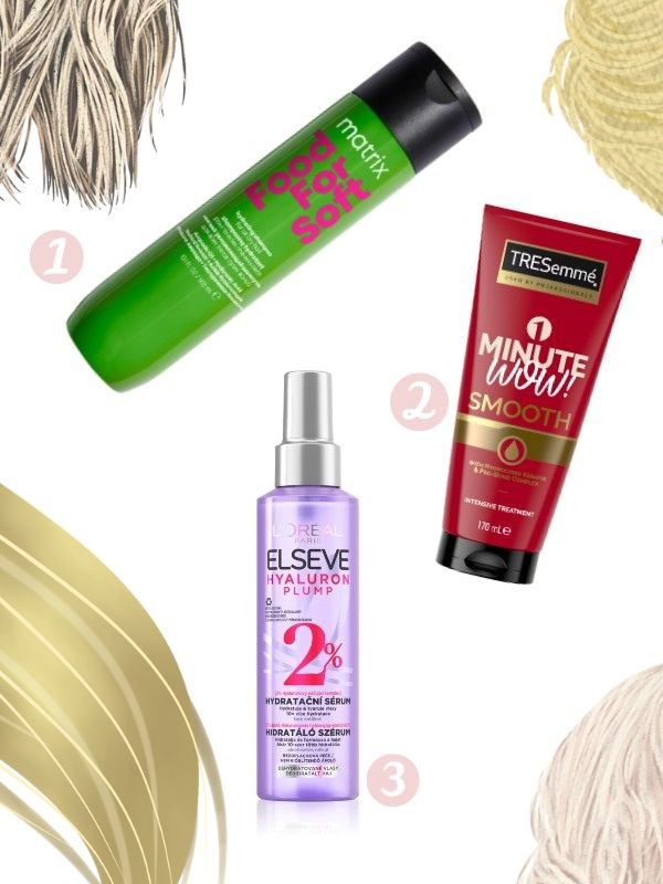 1. Food For Soft sampon MATRIX 4290 Ft/300 ml (14,3 Ft/1 ml) 2. Keratin Smooth 1 perces hajpakolás 1969 Ft/170 ml (11,58  Ft/1 ml) 3. Elséve Hyaluron Pump hidratáló szérum L'ORÉAL PARIS 2499 Ft/150 ml (16,66 Ft/1 ml)