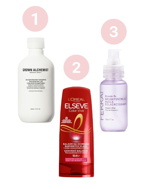 1. Colour Protect Shampoo színvédő sampon festett hajra GROWN ALCHEMIST 9490 Ft/200 ml (47,45 Ft/1 ml) 2. Elseve Color Vive balzsam L'ORÉAL PARIS 1899 Ft/400 ml (4,74 Ft/1 ml) 3. Blonde RX hajolaj FEKKAI 11 995 Ft/50 ml (239,9 Ft/1 ml)
