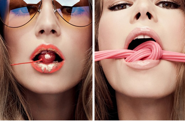 foodporn, kajapornó, love magazin, fotósorozat, editorial, anna ewers, sara sampaio, stella maxwell, szépséganyag, szájfény, rúzs, fotók