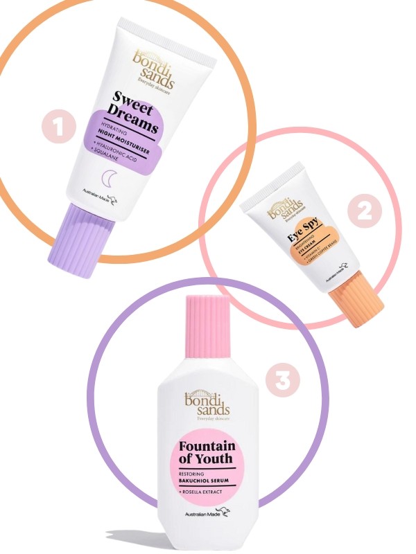 1. Sweet Dreams éjszakai hidratáló arckrém BONDI SANDS 6699 Ft/50 ml (133,98 Ft/1 ml) 2. Eye Spy szemkörnyékápoló C-Vitaminnal 5999 Ft/15 ml 3. Fountain of Youth arcszérum BONDI SANDS 5999 Ft/30 ml