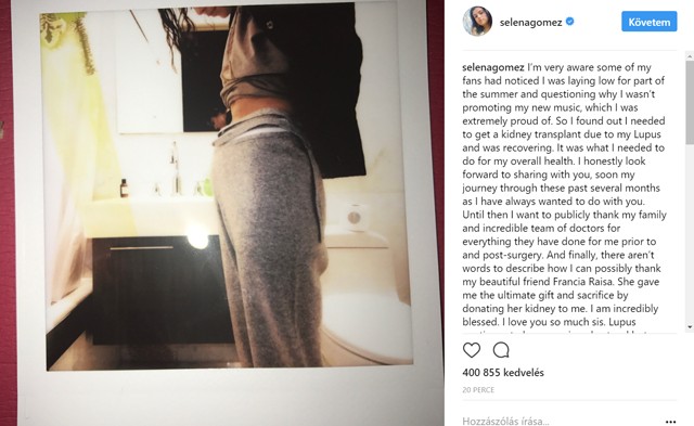 Selena Gomez veseátültetésen esett át! Instagramon jelentette be!
