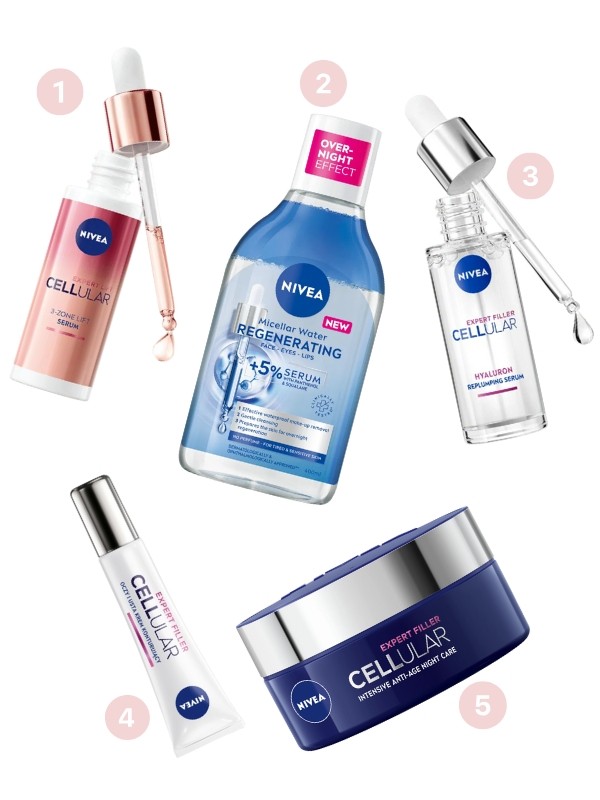 1. Cellular Expert Filler 3 Zone Lift szérum NIVEA xx Ft/30 ml 2. Regenerating micellás víz NIVEA xx Ft/400 ml (xx Ft/1 ml) 3. Cellular Expert Filler hialuronsavas szérum NIVEA xx Ft/30 ml 4. Cellular Expert Filler szem- és ajakkontúr krém NIVEA xx Ft/15 ml 5. Cellular Expert Filler éjszakai hidratálókrém NIVEA xx Ft/50 ml (xx Ft/1 ml)