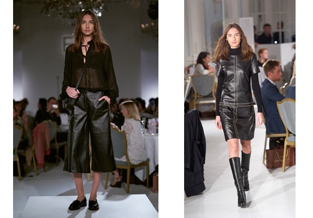 A bőr hangsúlyos anyaga a kollekciónak, a 70-es éveket idézi a bő térdnadárg, vagy a magas szárú csizma is