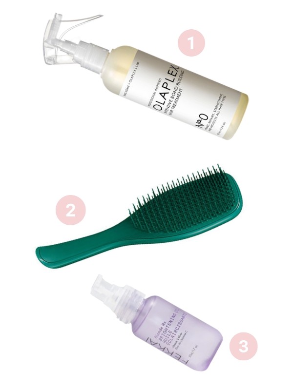 1. No. 0 intenzív hajkötést sokszorozó kezelés OLAPLEX 9200 Ft/155 ml (59,35 Ft/1 ml) 2. Wet Detangler Green Jungle hajkefe TANGLE TEEZER 5599 Ft 3. Blonde RX hidratáló hajolaj FEKKAI 15 290 Ft/50 ml (305,8 Ft/1 ml)