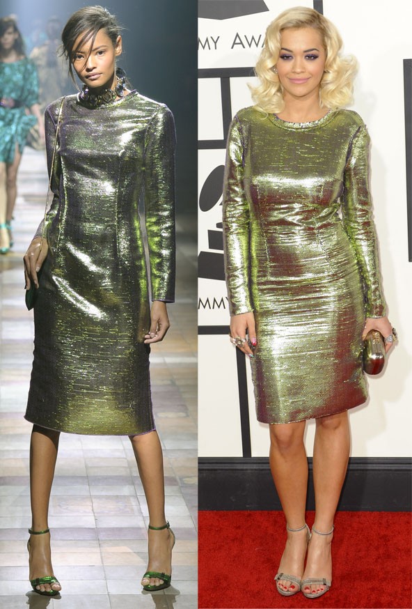 Rita Ora sosem nem fél feltűnéstől, de ebben a fényes-fémes zöld Lanvin ruhában nemcsak feltűnő, hanem elegáns is. 