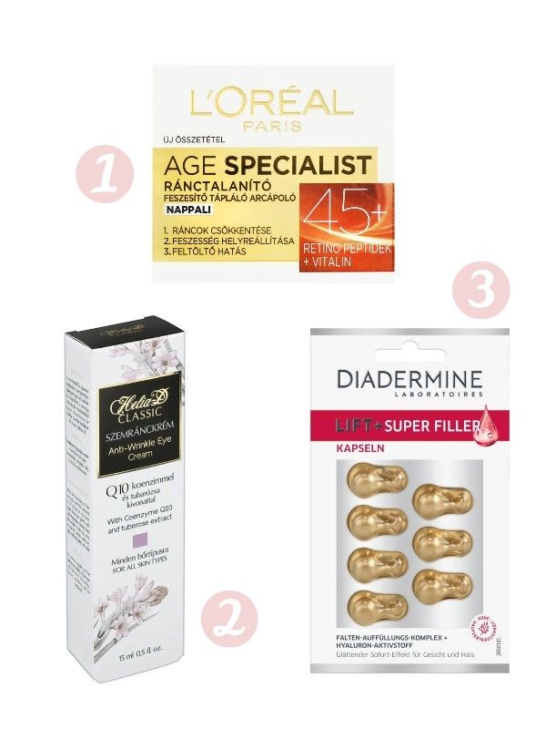 1. Age Specialist nappali arckrém L'ORÉAL PARIS 2999 Ft/50 ml (59,98 Ft/1 ml) a Rossmann üzleteiben és online, GLAMOUR kuponnal, 30% kedvezménnyel 2099,3 Ft 2. Q10 szemránckrém HELIA-D 3199 Ft/15 ml a Rossmann üzleteiben és online, GLAMOUR kuponnal, 35% kedvezménnyel 2079,35 Ft 3. Lift+ Super Filler ráncfeltöltő kapszula DIADERMINE 1799 Ft a Rossmann üzleteiben és online, GLAMOUR kuponnal, 40% kedvezménnyel 1079,4 Ft