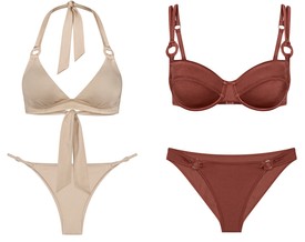 A kollekciót az izgalmas szabás és a dekoratív karikás részletek teszik még különlegesebbé. A színei között ott van az elegáns fekete, az élénk kék, a meleg barna, és a kifinomult bézs. - Biknifelső és -alsó (balról jobbra) 13 000 Ft, 8000 Ft, 9400 Ft, 14 000 Ft