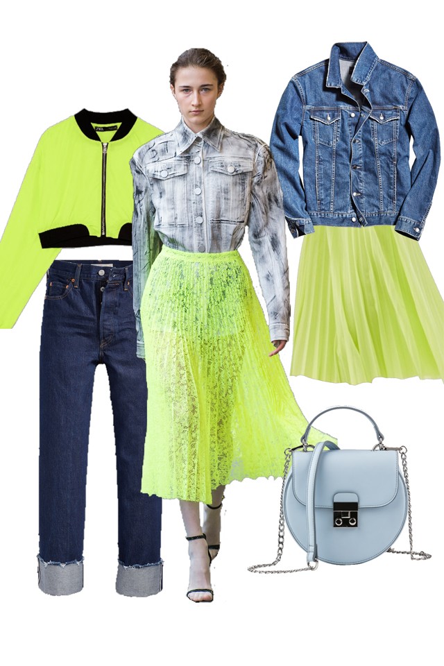 A harsány neonszíneket farmerrel tudod tompítani: Mini dzseki ZARA 6995 Ft, Magas derekú farmernadrág LEVI'S 33990 Ft, Farmerdzseki GAS 44900 Ft, Pliszírozott szoknya BERSHKA 6595 Ft, Válltáska C&A 6995 Ft